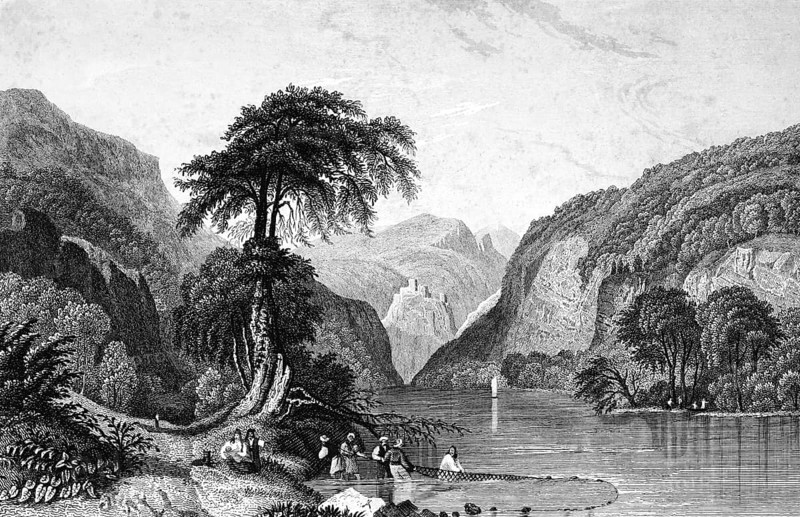 Tempe Isyllian valley in the river Pinius, Thessaly, Greece, narrow breakthrough valley, geology, excursion, people on the shore, fishermen with a net, hobby, profession, tree, mountain landscape, steel engraving, historical illustration 1835