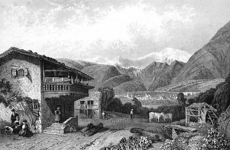 Over the Simplon Pass to Brig, Brig-Glies, Switzerland, typical farmhouse with wooden balcony, farmer, cow, stream, woman, village in the valley, mountain landscape, snow-covered mountain, idyll, architecture, steel engraving, historical illustration 1835