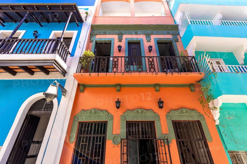 Puerto Rico, San Juan colorful street and colonial architecture in historic city center