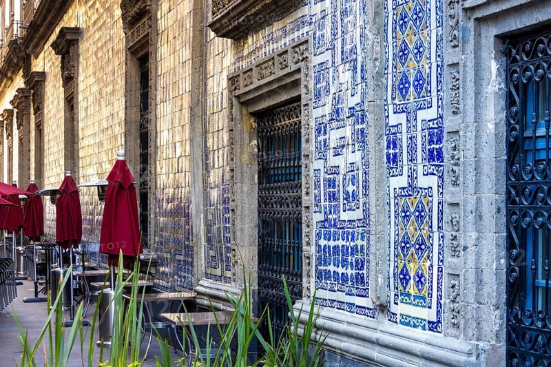 Mexico City streets in historic center Zocalo. Typical mexican architecture