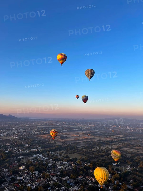 Panoramic aerial view of Mexico Teotihuacan pyramids. Hot air balloons flying over the Mexican Highlands near Mexico City