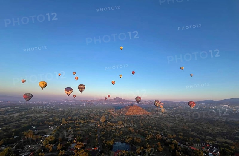 Panoramic aerial view of Mexico Teotihuacan pyramids. Hot air balloons flying over the Mexican Highlands near Mexico City