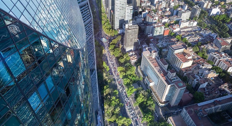 Aerial view of Mexico City Financial Center buildings near Paseo Reforma and Angel of Independence column