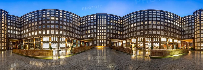 360 degree panoramic view of the Sprinkenhof courtyard at the blue hour, Hamburg, Germany
