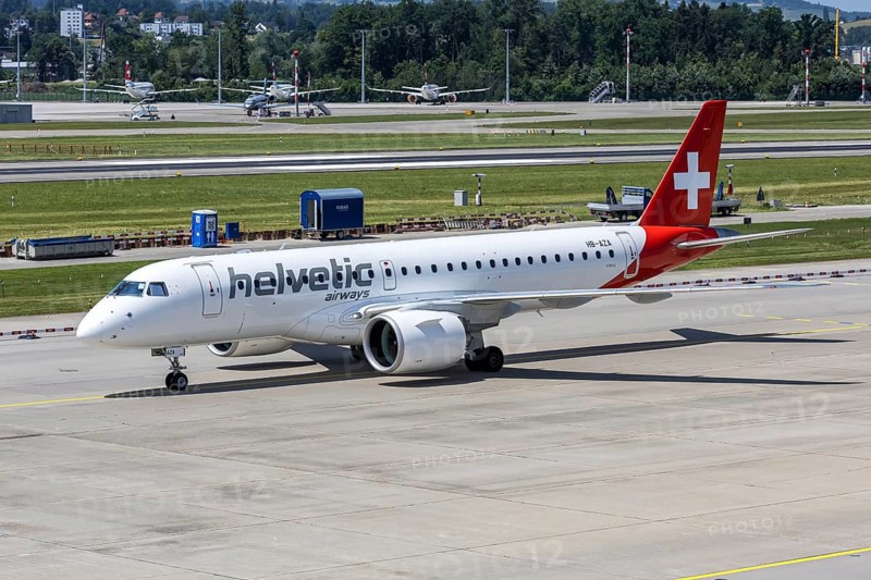 An Embraer 190 E2 Helvetic Airways aircraft with the HB-AZA license plate at Zurich Airport, Switzerland