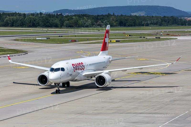 A Swiss Airbus A220-100 aircraft with the HB-JBH license plate at Zurich Airport, Switzerland
