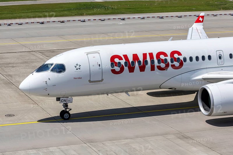 A Swiss Airbus A220-300 aircraft with the HB-JCN license plate at Zurich Airport, Switzerland