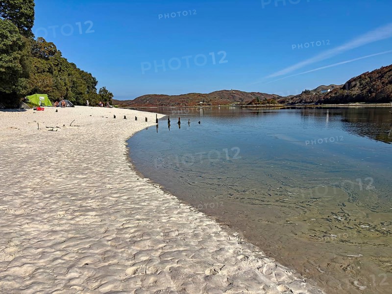 Quiet sandy beach with water views and wooded hills, Silver Sands of Morar, Mallaig, Scotland, United Kingdom