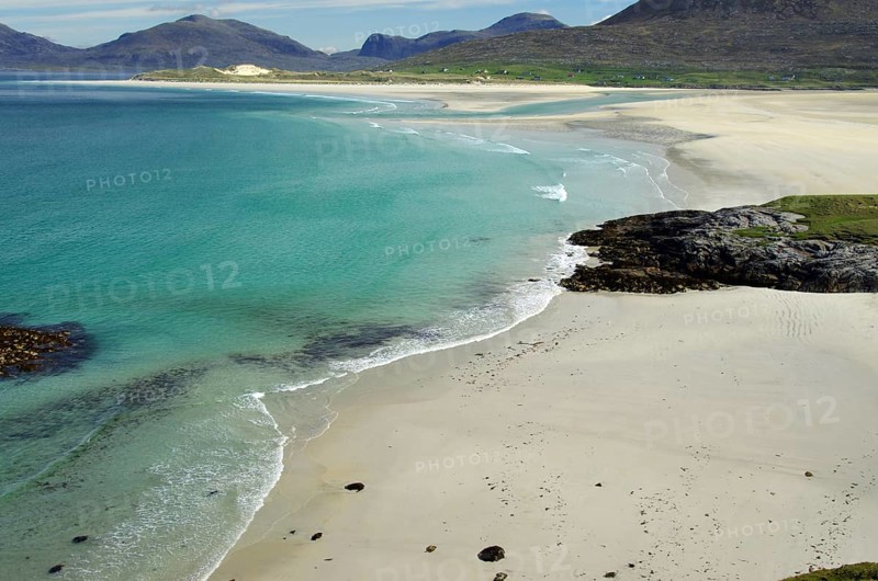 Extensive, pristine sandy beach with turquoise water and gentle waves, Isle of Harris, Outer Hebrides, Scotland, United Kingdom