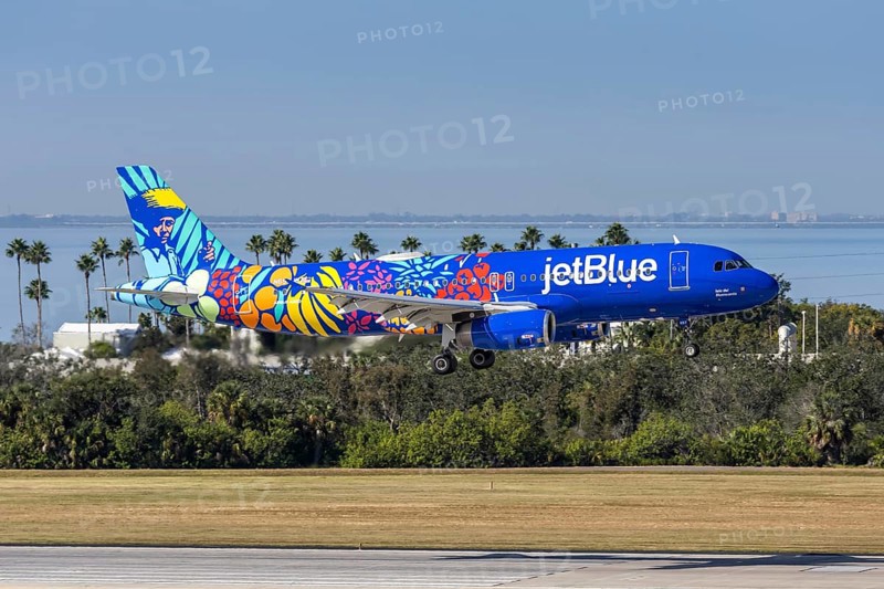 A JetBlue Airways Airbus A320 aircraft with the license plate N657JB and the Puerto Rico Isla del Bluencanto special livery at Tampa airport, USA