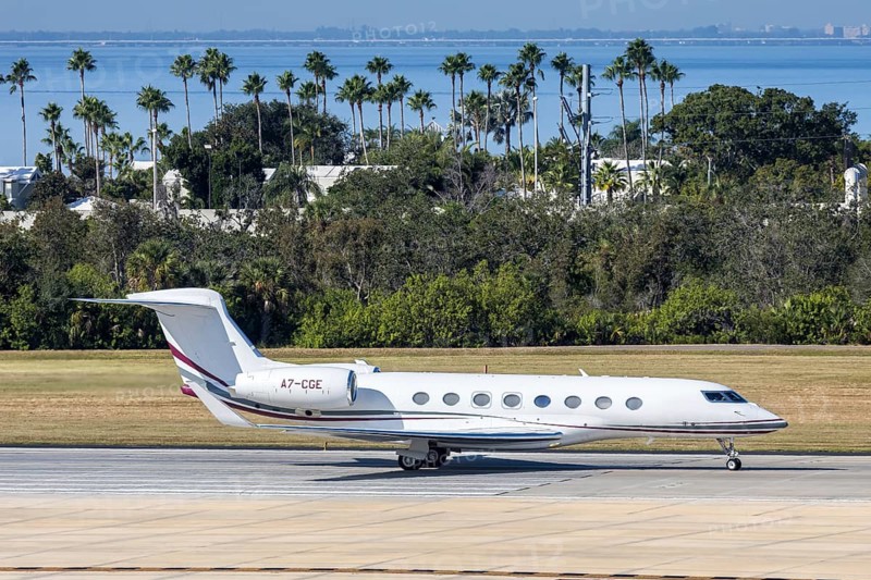 A Qatar Executive Gulfstream G650ER private jet aircraft with the license plate A7-CGE at Tampa airport, USA