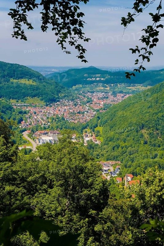 View of Lichtenstein Castle, view of the Echaz Valley and Lichtenstein-Unterhausen, Albtrauf, houses, trees, bushes, mountains, Honau, Municipality of Lichtenstein, Swabian Jura, Baden-Württemberg, Germany
