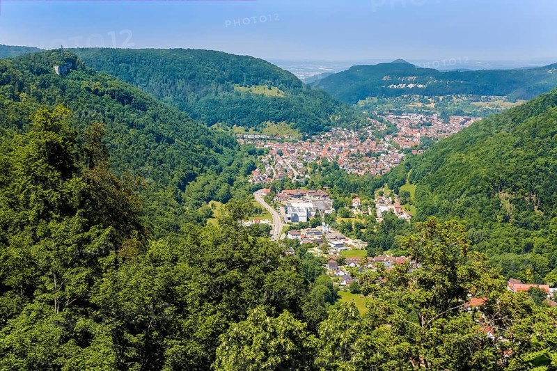 View of Lichtenstein Castle, view of the Echaz Valley and Lichtenstein-Unterhausen, Albtrauf, houses, trees, bushes, mountains, Honau, Municipality of Lichtenstein, Swabian Jura, Baden-Württemberg, Germany