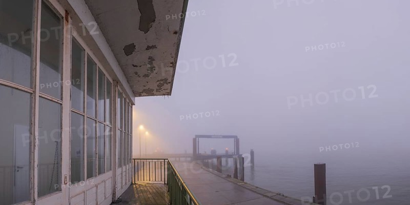 View along a long balcony of Steubenhöft of the ferry terminal at Lübbenkai, Cuxhaven, Lower Saxony, Germany