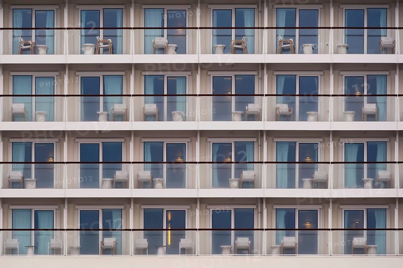 Close-up view of balconies of the Disney Magic ship, Bremerhaven, Bremen, Germany