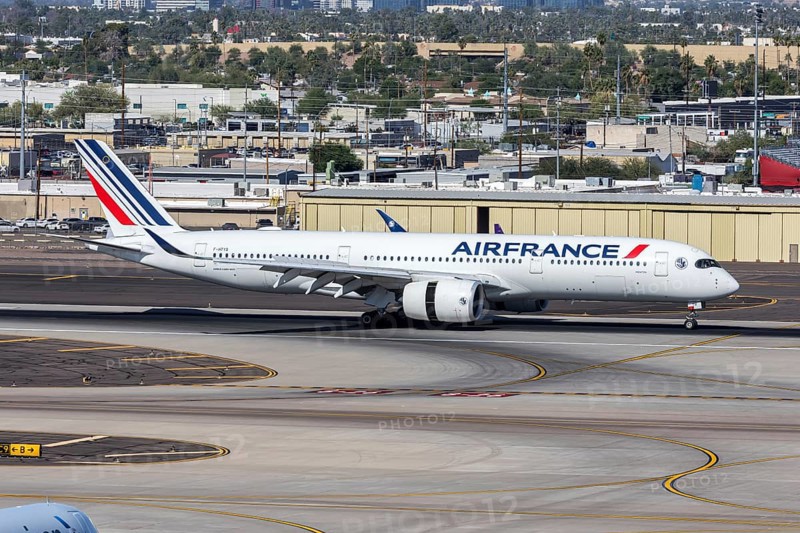An Air France Airbus A350-900 with the license plate F-HTYQ at Phoenix airport, USA