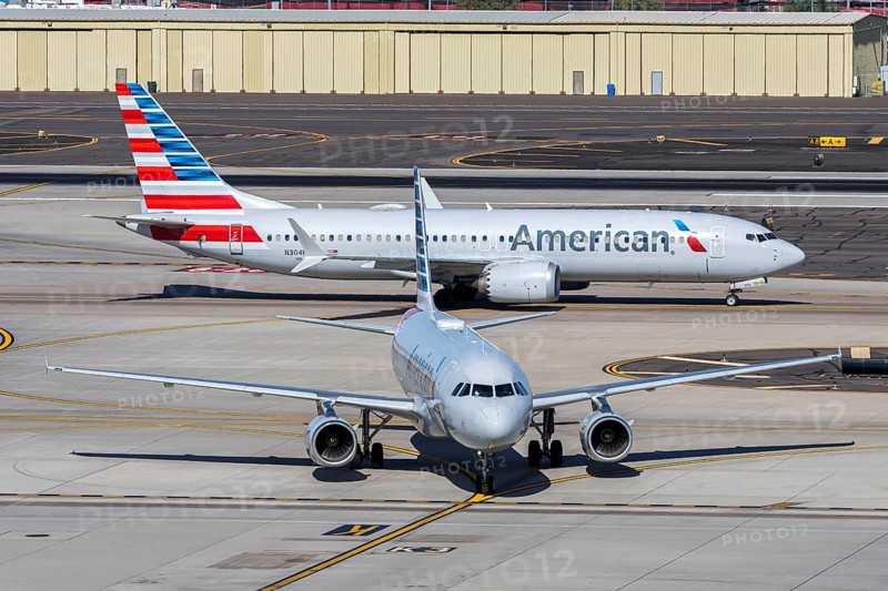 Airbus A319 and Boeing 737-8 MAX American Airlines aircraft with license plate N304RB at Phoenix airport, USA