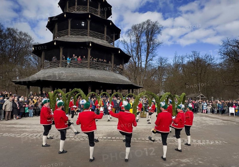 Schaeffler dance in 2026 in the English Garden, behind the Chinese Tower. The event takes place every 7 years between Epiphany and Shrove Tuesday, Munich, Bavaria, Germany