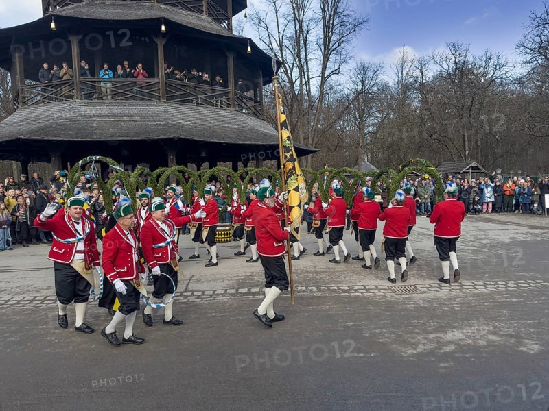 Schaeffler dance in 2026 in the English Garden, behind the Chinese Tower. The event takes place every 7 years between Epiphany and Shrove Tuesday, Munich, Bavaria, Germany