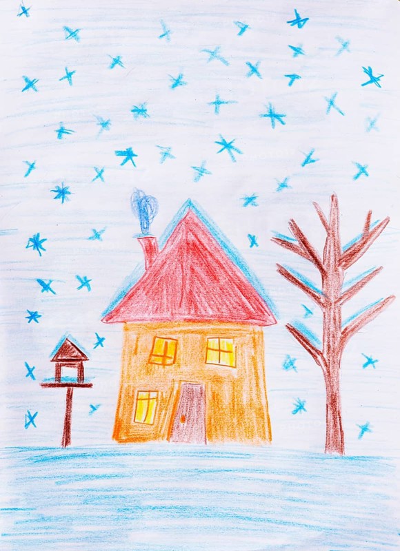 Naive illustration, winter, snowfall with snowy house