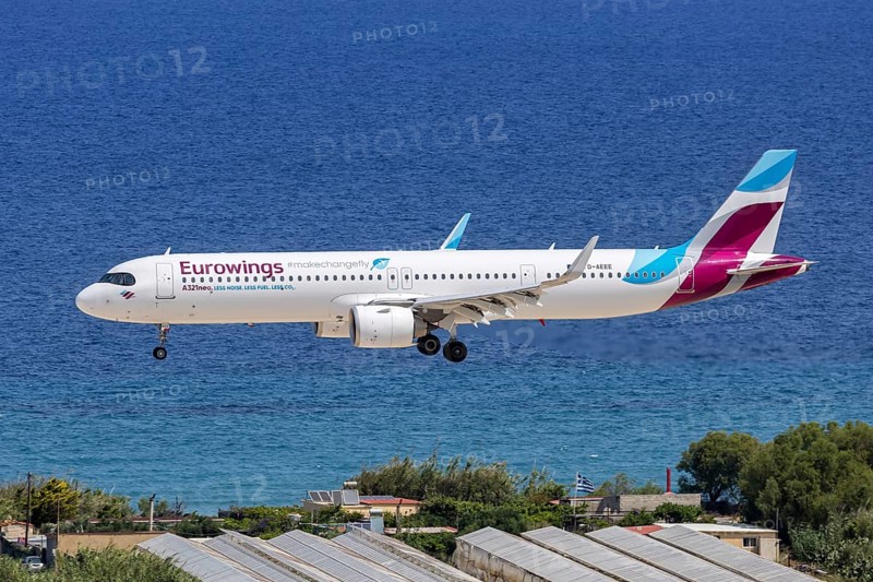 A Eurowings Airbus A321neo aircraft with the D-AEEE license plate at Rhodes airport, Greece