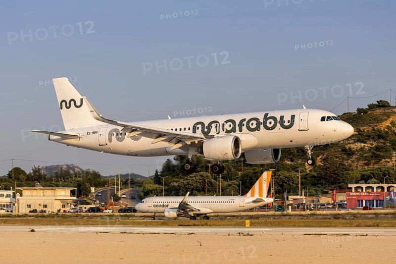 A Marabou Stork Airlines Airbus A320neo aircraft with the license plate ES-MBG at Rhodes airport, Greece