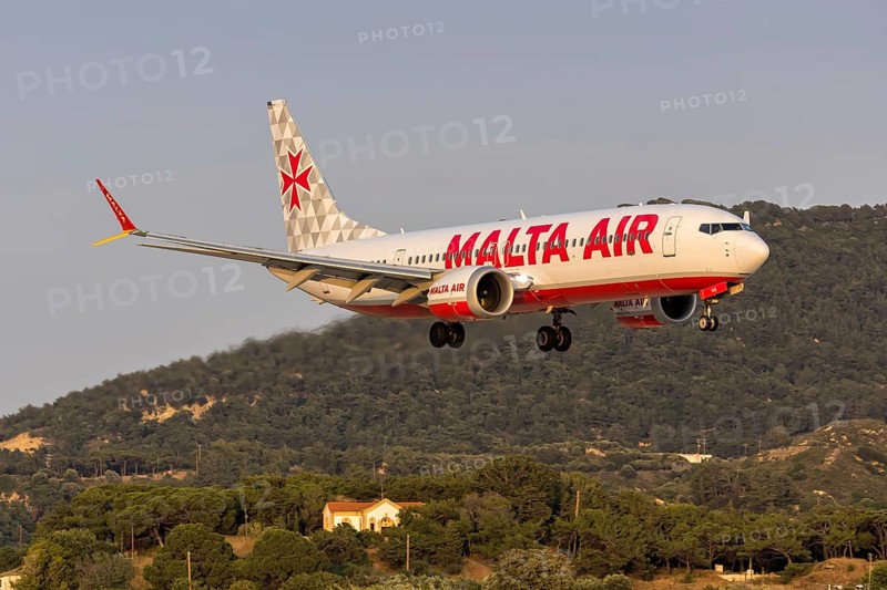 A Malta Air Boeing 737-800 aircraft with the license plate 9H-VUE at Rhodes airport, Greece