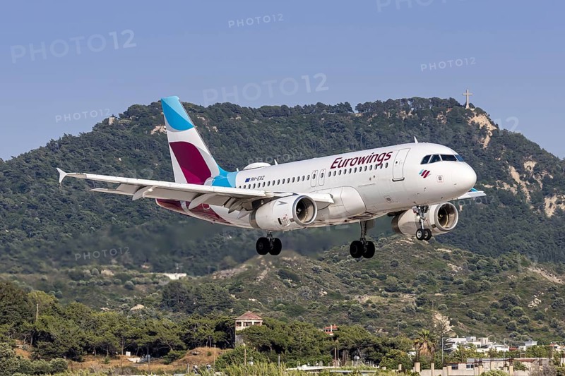 A Eurowings Europe Airbus A319 aircraft with the license plate 9H-EXZ at Rhodes airport, Greece