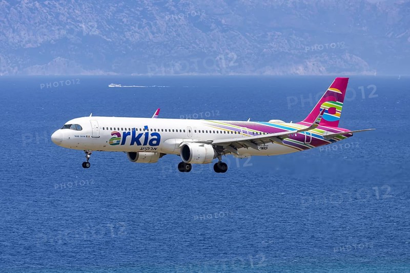 An Arkia Israeli Airlines Airbus A321LR aircraft with the 4X-AGH license plate at Rhodes airport, Greece