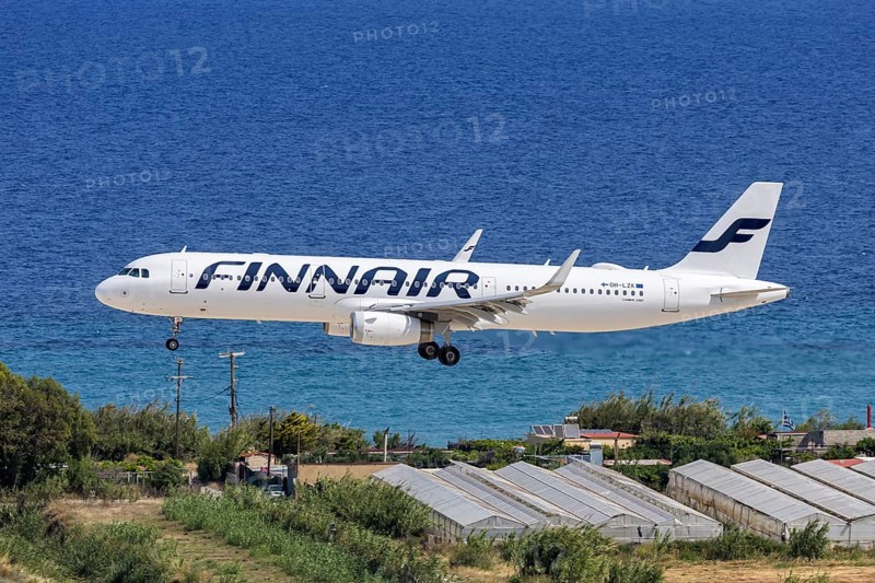 A Finnair Airbus A321 aircraft with the OH-LZK license plate at Rhodes airport, Greece