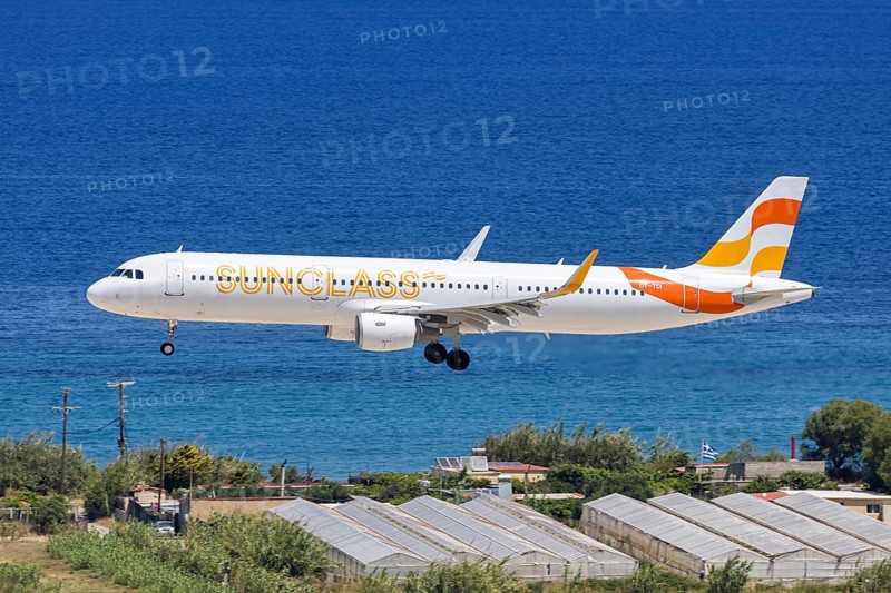 A Sunclass Airlines Airbus A321 aircraft with the license plate OY-TCI at Rhodes airport, Greece