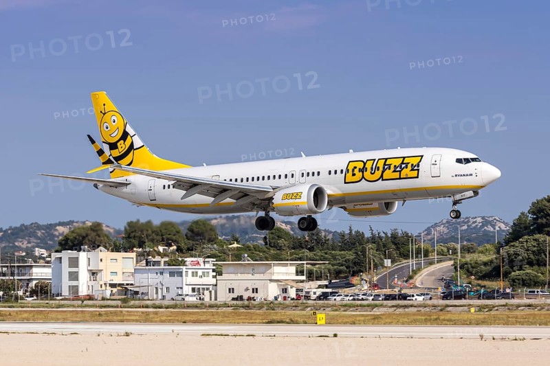 A Buzz Boeing 737-800 aircraft with the license plate SP-RZF at Rhodes airport, Greece