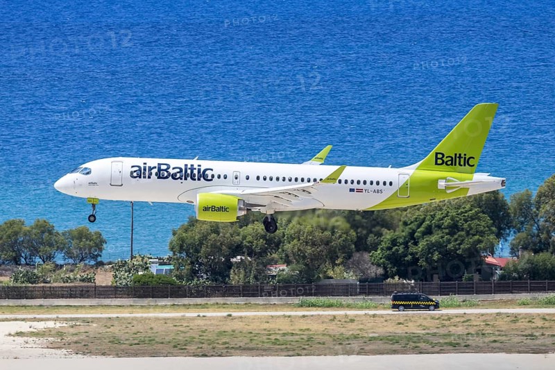 An Airbus A220-300 Air Baltic aircraft with the license plate YL-ABS at Rhodes airport, Greece