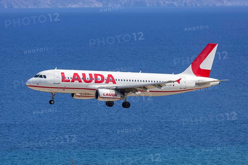 A Lauda Europe Airbus A320 aircraft with the license plate 9H-LOM at Rhodes airport, Greece