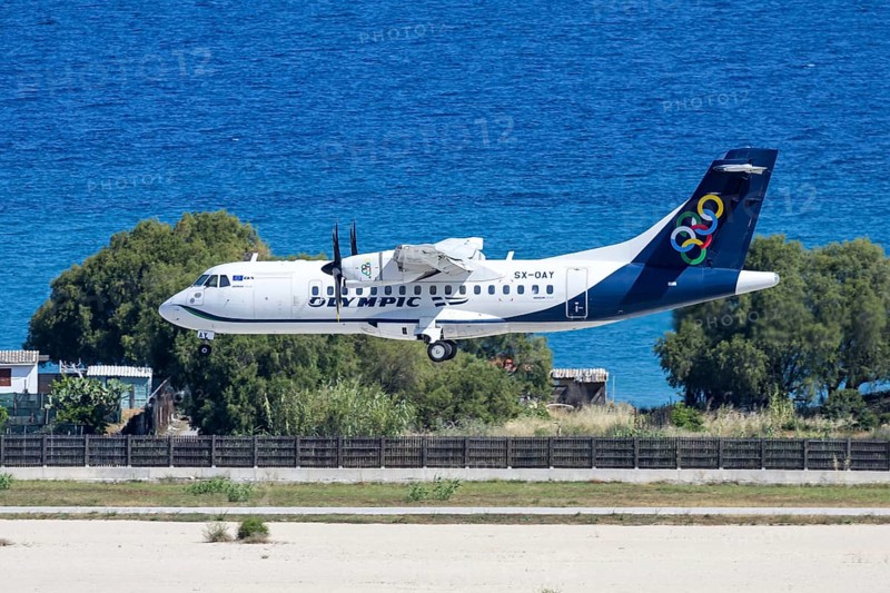 An Olympic Air ATR 42-600 aircraft with the license plate SX-OAY at Rhodes airport, Greece