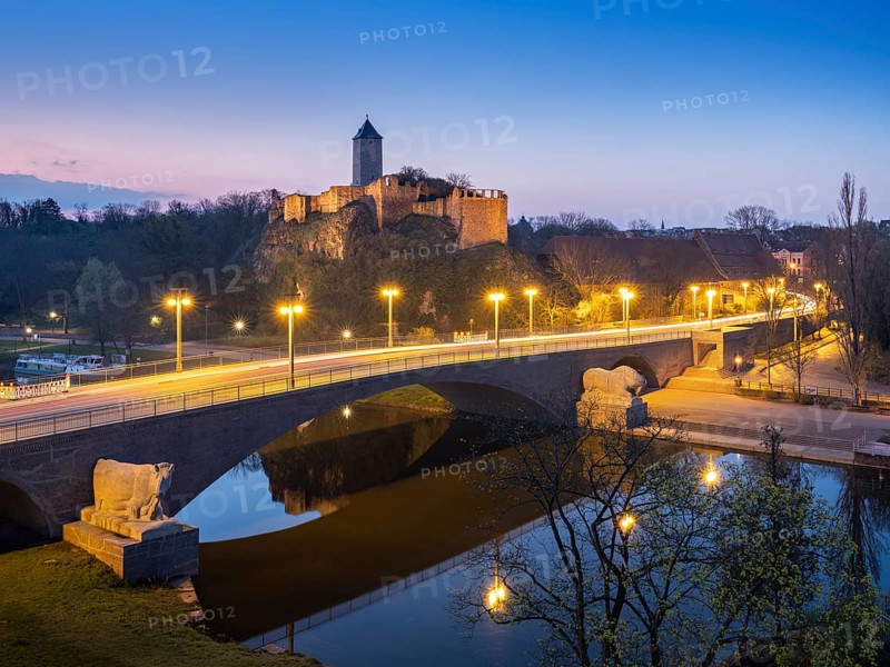 Ruins of Giebichenstein Castle and Giebichenstein Bridge over the Saale River at Dawn, Halle an der Saale, Saxony-Anhalt, Germany