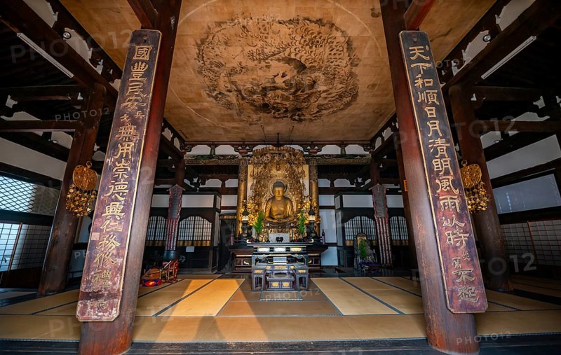 Interior view, golden Buddha figure and ceiling painting with dragon figure, Amidado, Buddhist temple, Konkai-Komyoji temple, Kyoto, Japan