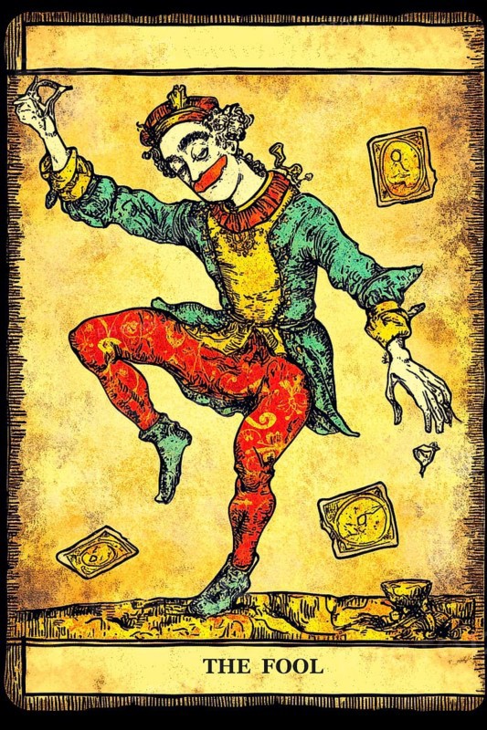Classical representation of tarot card The Fool symbolizing innocence, freedom, originality, foolishness, idealism, youth, spontaneity, AI generated