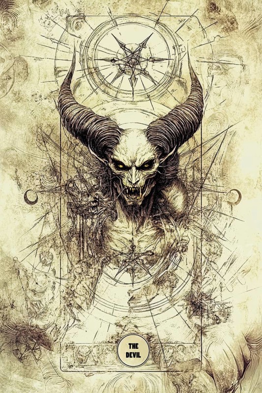 Modern representation of tarot card The Devil symbolizing addiction, obsession, cheating, abuse, violence, assault, AI generated