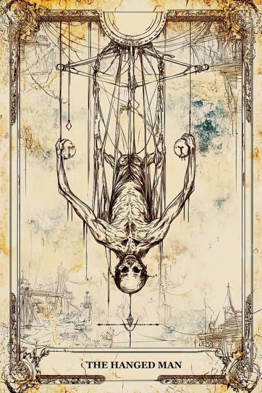 Modern representation of tarot card The Reverse Hanged Man symbolizing resistance, refusal to learn, stagnation, indecision, anxiety, resistance to change, AI generated