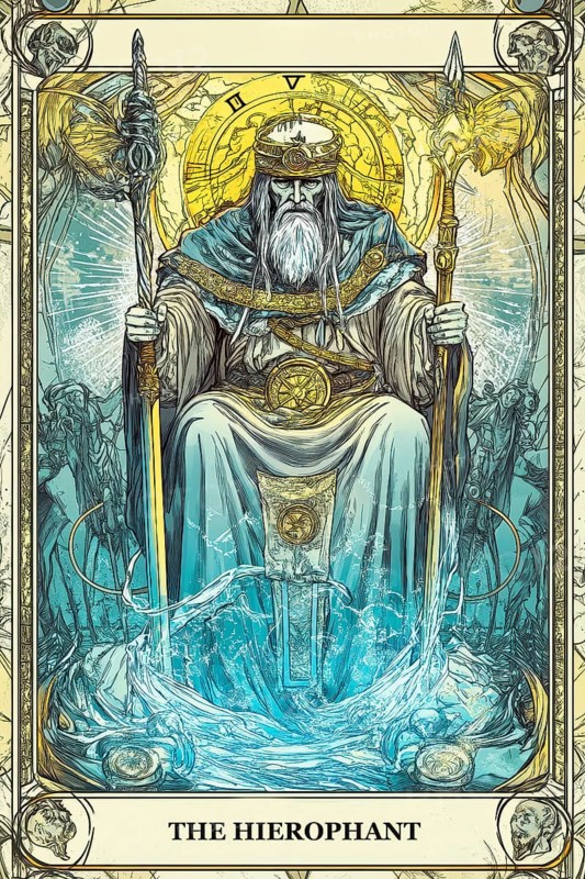 Modern representation of tarot card The Hierophant symbolizing tradition, conventional, conformity, religion, beliefs, mentor, guidance, AI generated