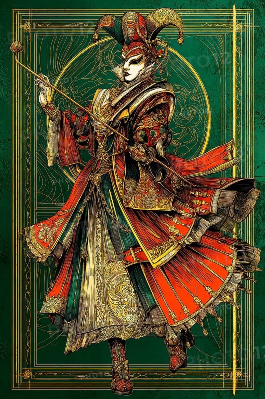 Modern representation of tarot card The Harlequin symbolizing duality, transformation, wit, adaptability, AI generated