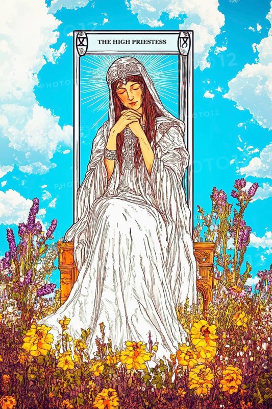 Classical representation of tarot card The High Priestess symbolizing desirability, mystery, sensuality, spirituality, intuition, creativity, fertility, AI generated