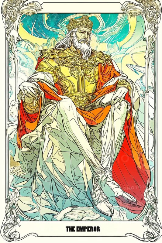 Modern representation of tarot card The Emperor symbolizing stability, fatherhood, authority, older man, addiction, AI generated