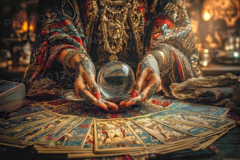 Surreal Woman Fortune Teller with crystal ball and tarot cards symbolizing future, prediction, AI generated