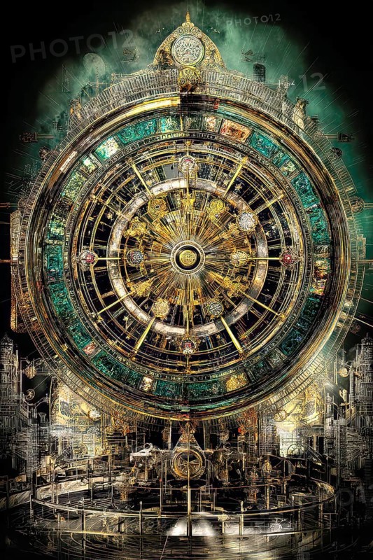 Modern representation of tarot card The Wheel of Fortune symbolizing destiny, change, fortune, chance, cyclical nature of life, unpredictability, AI generated