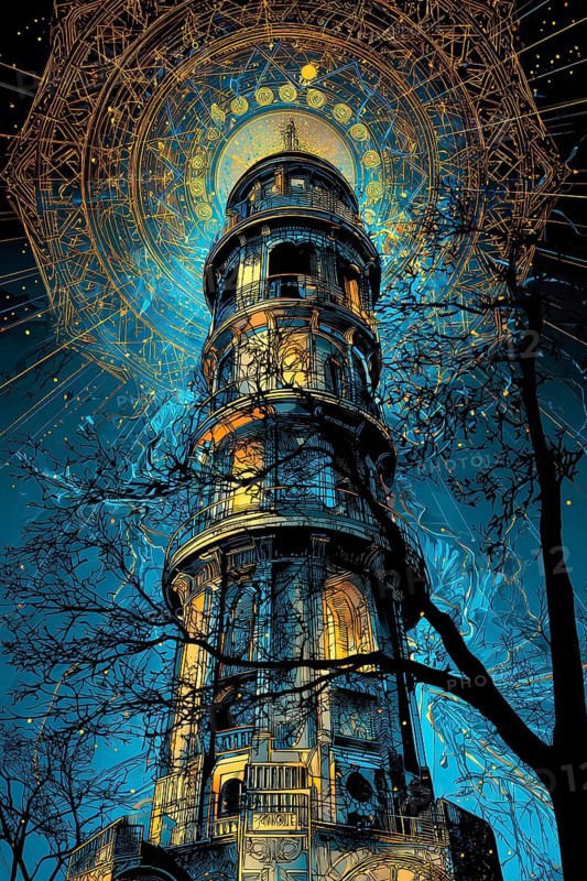 Modern representation of tarot card The Tower symbolizing chaos, destruction, disaster, tragedy, confusion, violence, AI generated