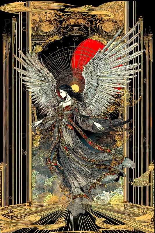 Modern representation of tarot card The Temperance symbolizing balance, peace, moderation, harmony, patience, tranquility, AI generated