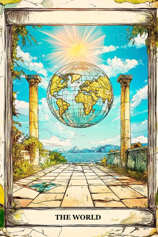 Modern representation of tarot card The World symbolizing completion, fulfilment, achievement, accomplishment, travel, freedom, AI generated