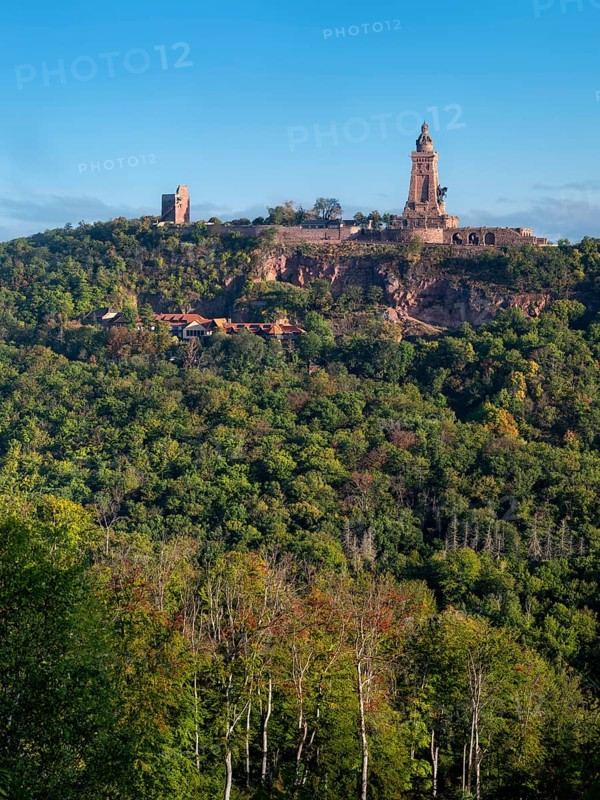 View of the Kyffhäuser Monument and the Kyffhausen Imperial Castle, near Bad Frankenhausen, Thuringia, Germany